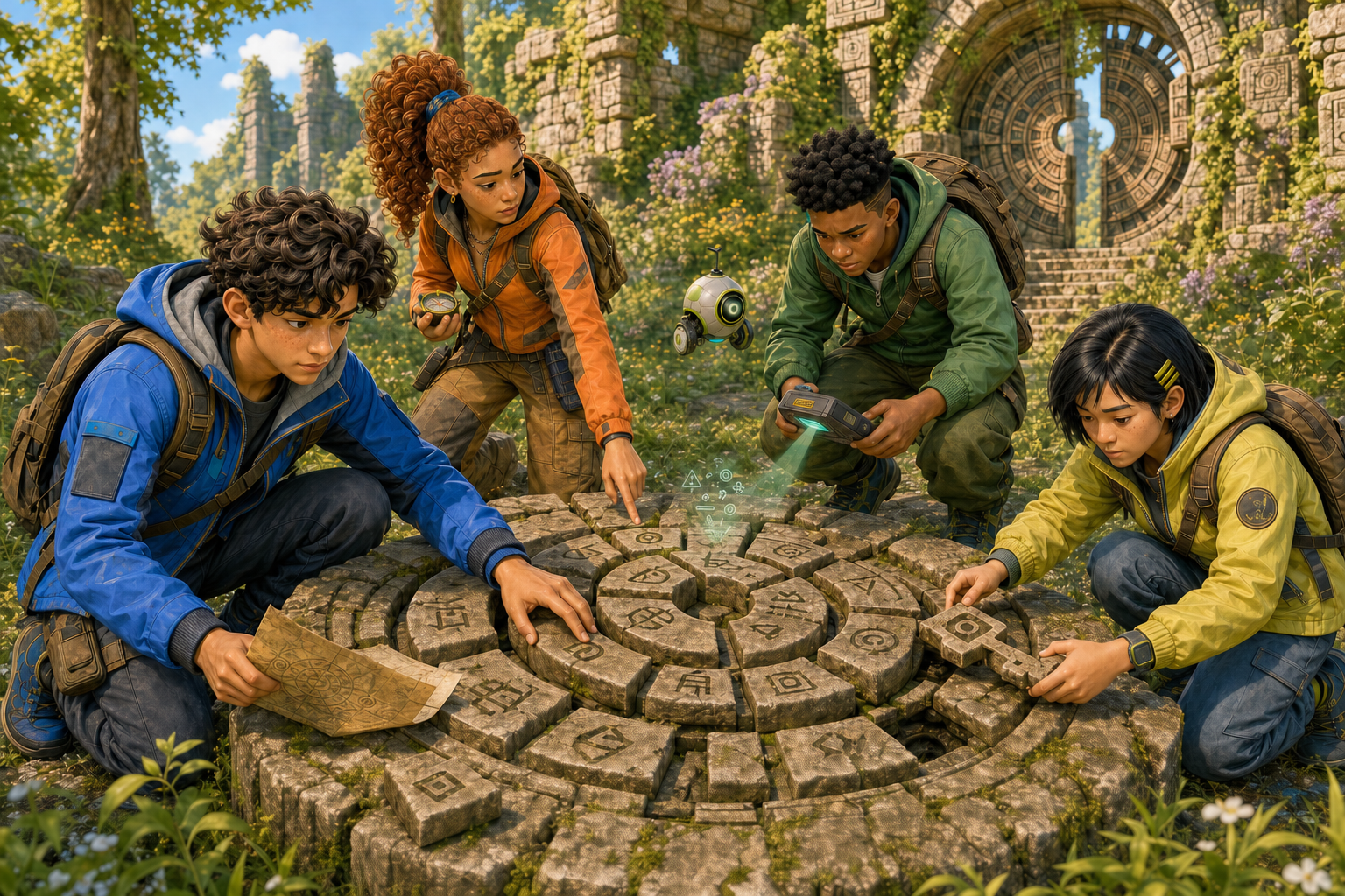 Vier Questland-Spieler lösen bei Tageslicht mit Karte, Kompass und Ausrüstung ein Rätsel an einem überwucherten Steintor.