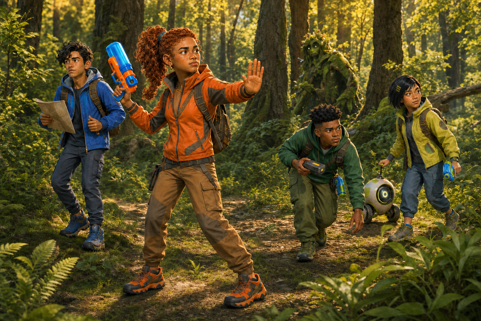 Vier Questland-Spieler verfolgen im farbenfrohen Wald gemeinsam ein Monster und sichern dabei den Weg mit Karte und Spielzeugausrüstung.