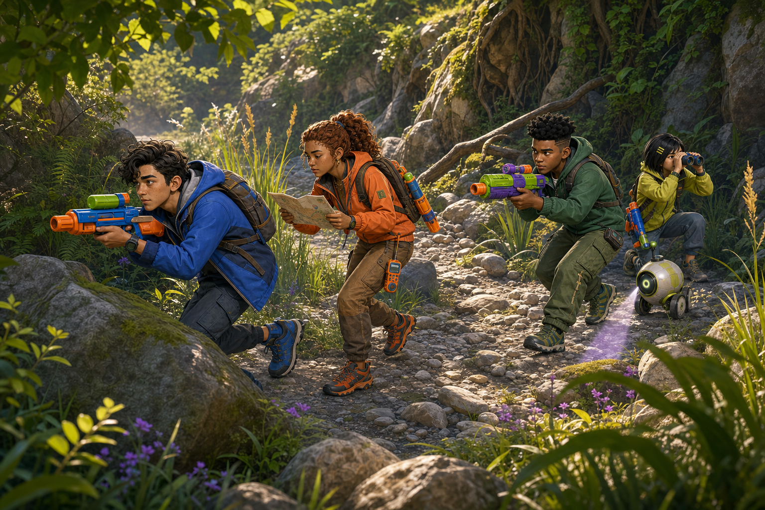 Vier Questland-Spieler bewegen sich gebückt und taktisch durch ein farbenfrohes, überwachsenes trockenes Flussbett.