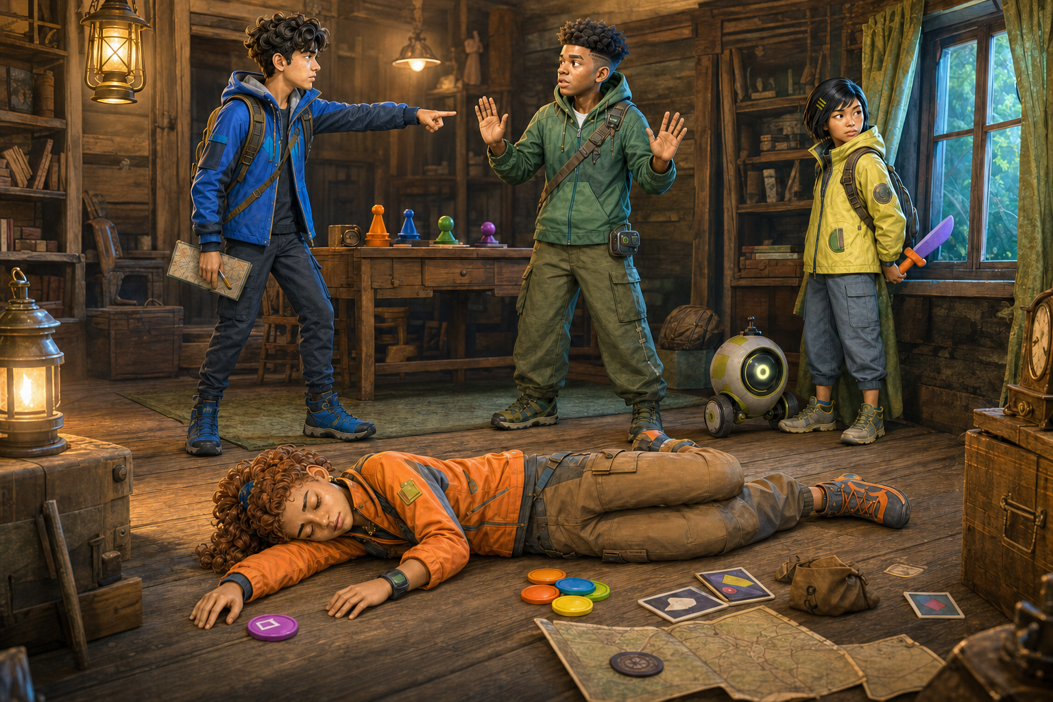 In einer hell beleuchteten Waldhütte liegt eine Spielerin am Boden, während zwei Mitspieler diskutieren und eine vierte Figur heimlich ein Spielzeugmesser versteckt.